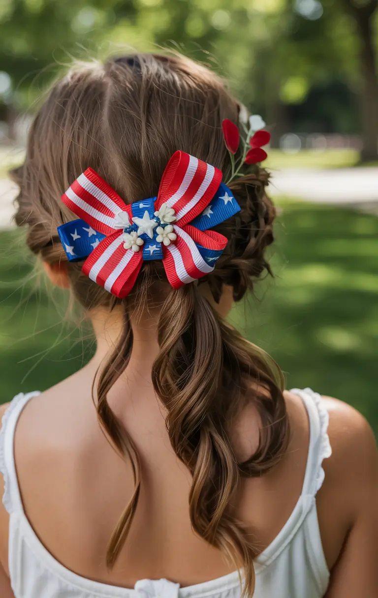 Festive July 4th 2025 Hairstyles to Try - Patriotic Ponytail Bow with Star Accents