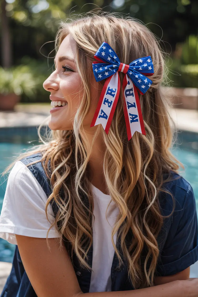 Festive July 4th 2025 Hairstyles to Try - Team Spirit Curls with Cheer-Style Ribbon Bow