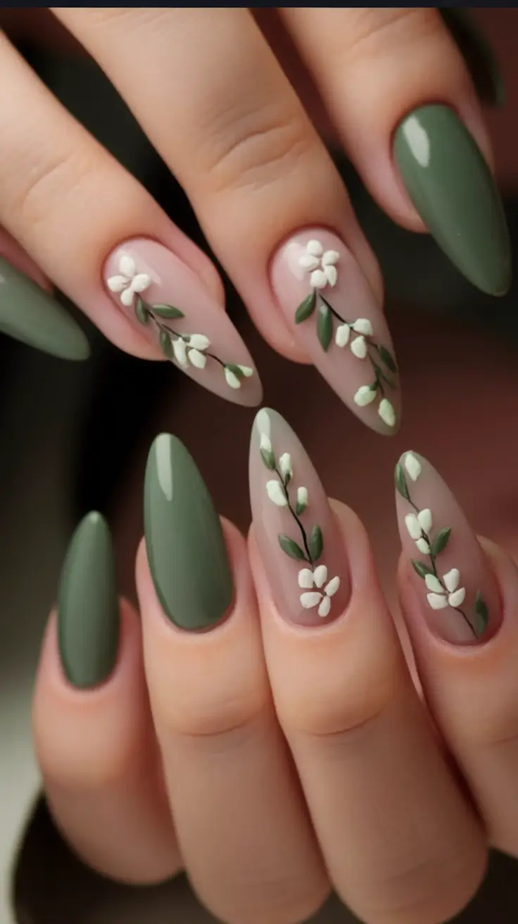 Flower Nails for Summer 2025 Glow Earthy Romance in Matte Olive