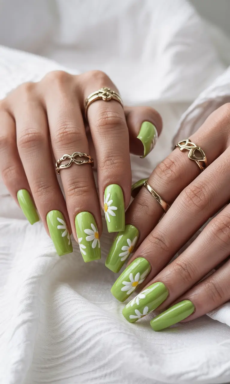Flower Nails for Summer 2025 Glow Daisy Chain in Citrus Green