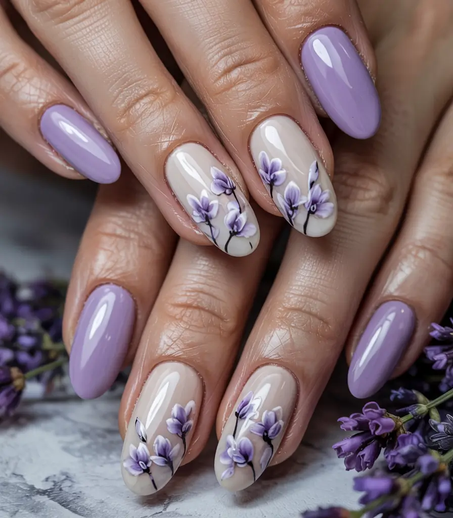 Flower Nails for Summer 2025 Glow Soft Lilac Blooms on Nude Canvas