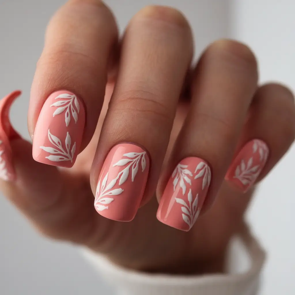 Flower Nails for Summer 2025 Glow Coral Leaves for Everyday Summer