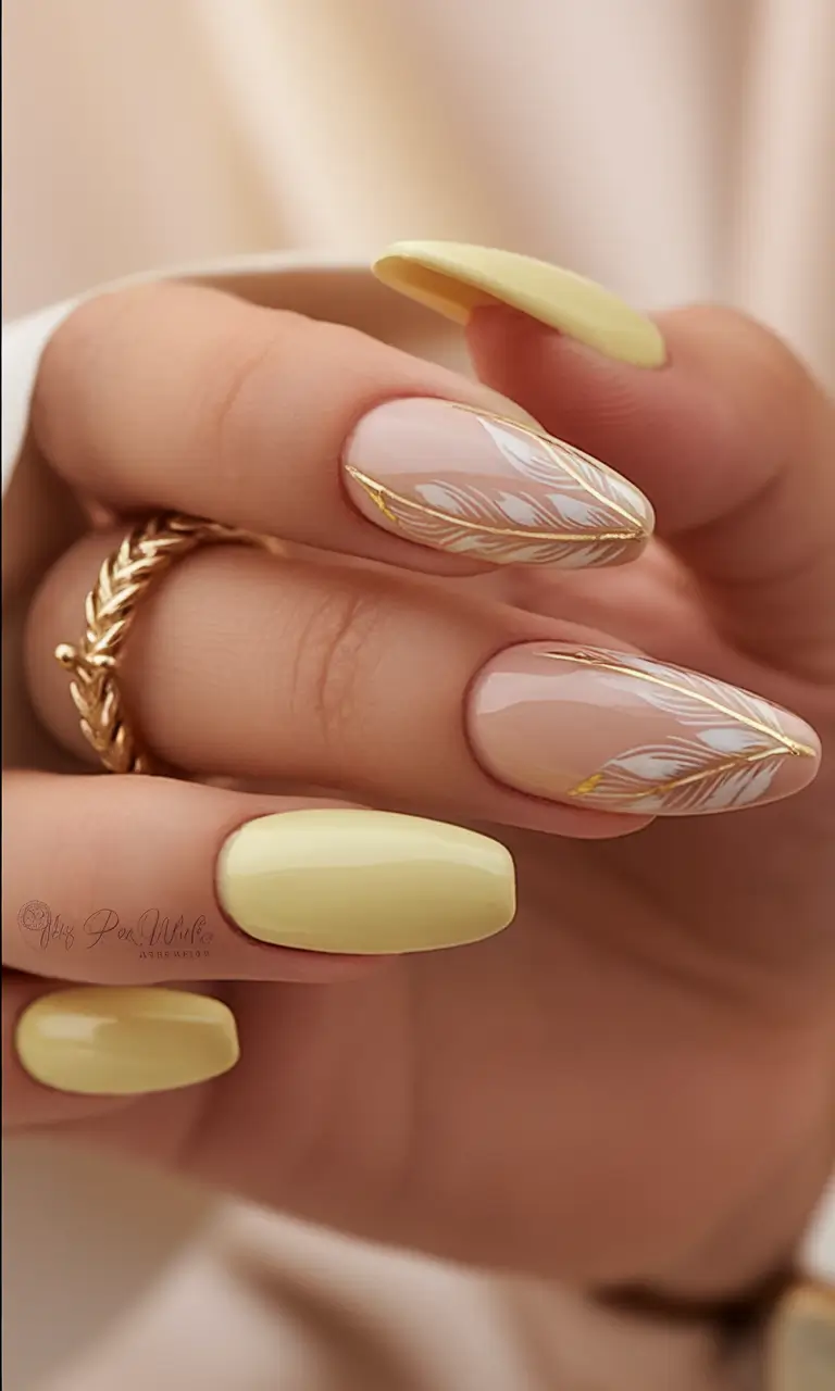 Flower Nails for Summer 2025 Glow Butter Yellow Feathers and Gold Lines