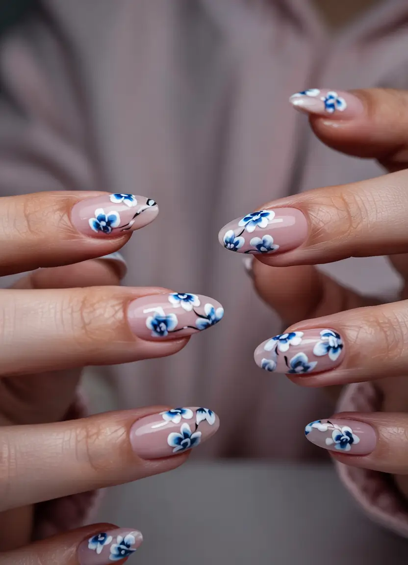 Flower Nails for Summer 2025 Glow Classic Blue Blossoms on Blush