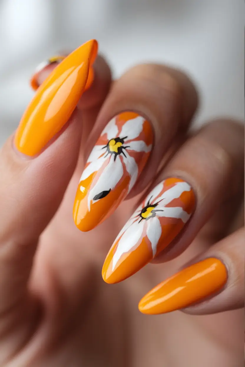 Flower Nails for Summer 2025 Glow+Electric Tangerine Daisies