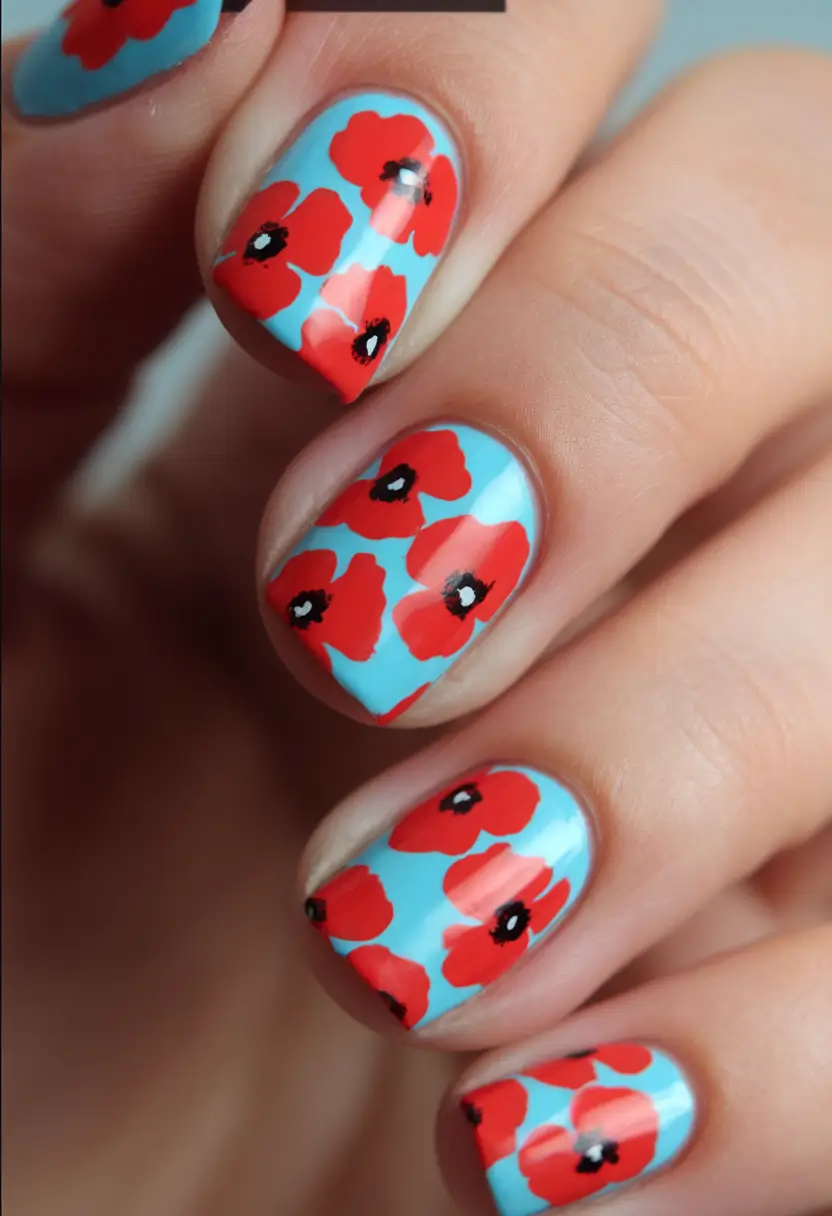 Flower Nails for Summer 2025 Glow+Cherry Poppy Vibes on Poolside Blue