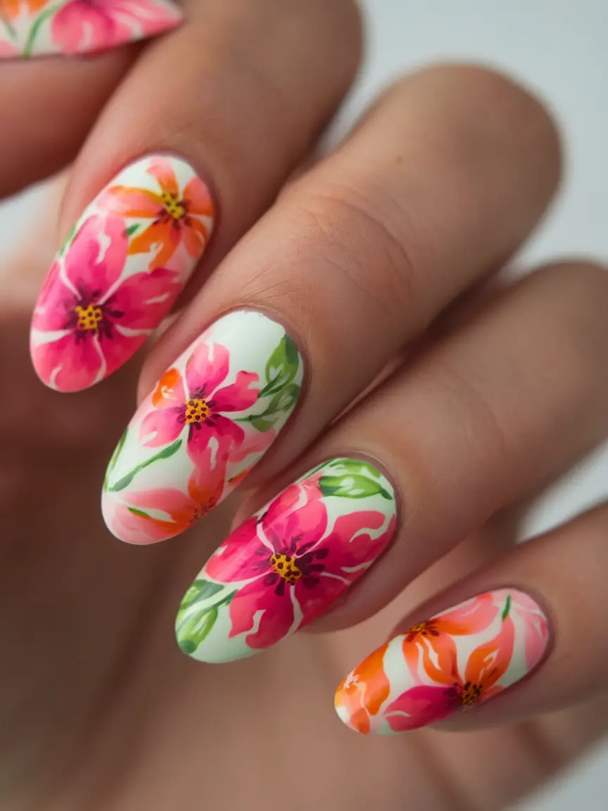 Flower Nails for Summer 2025 Glow+Watercolor Petals on Crisp White