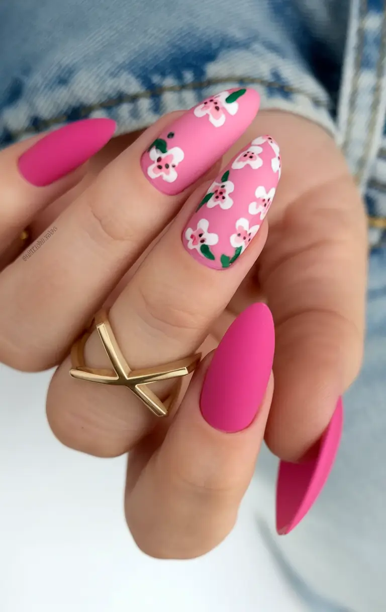 Flower Nails for Summer 2025 Glow+Matte Pink Blossoms with Retro Flair