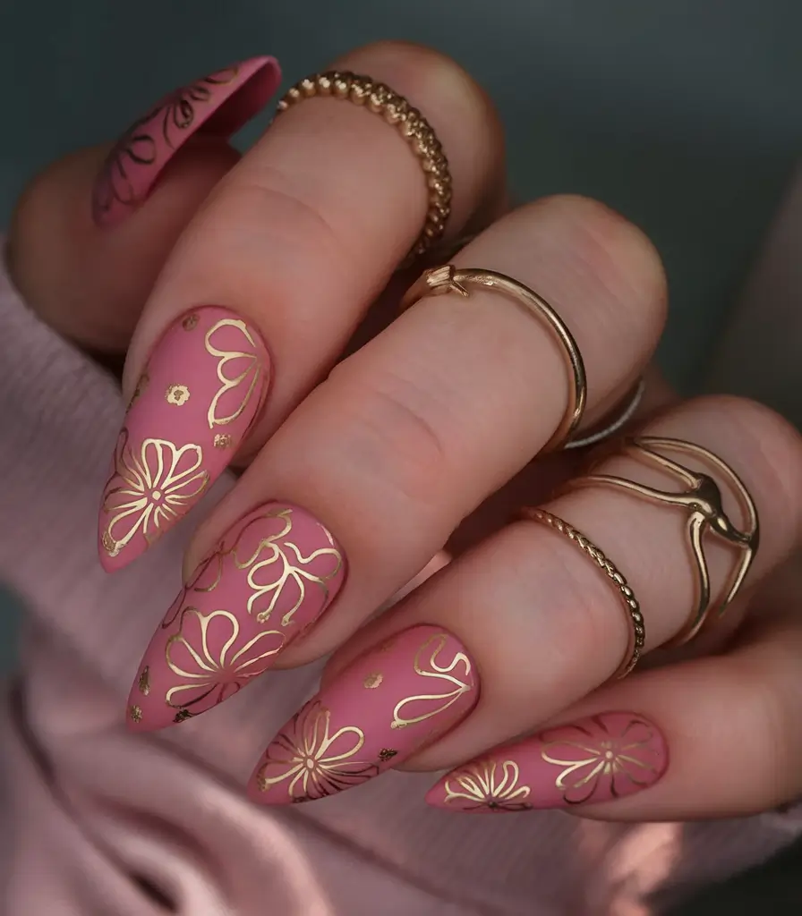 Flower Nails for Summer 2025 Glow Bold Petal Glam in Gold and Rose
