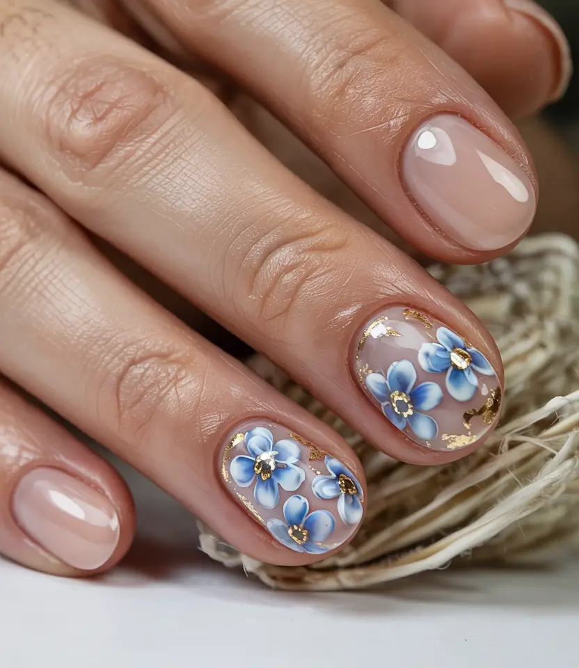 Flower Nails for Summer 2025 Glow Porcelain Petals in Baby Blue