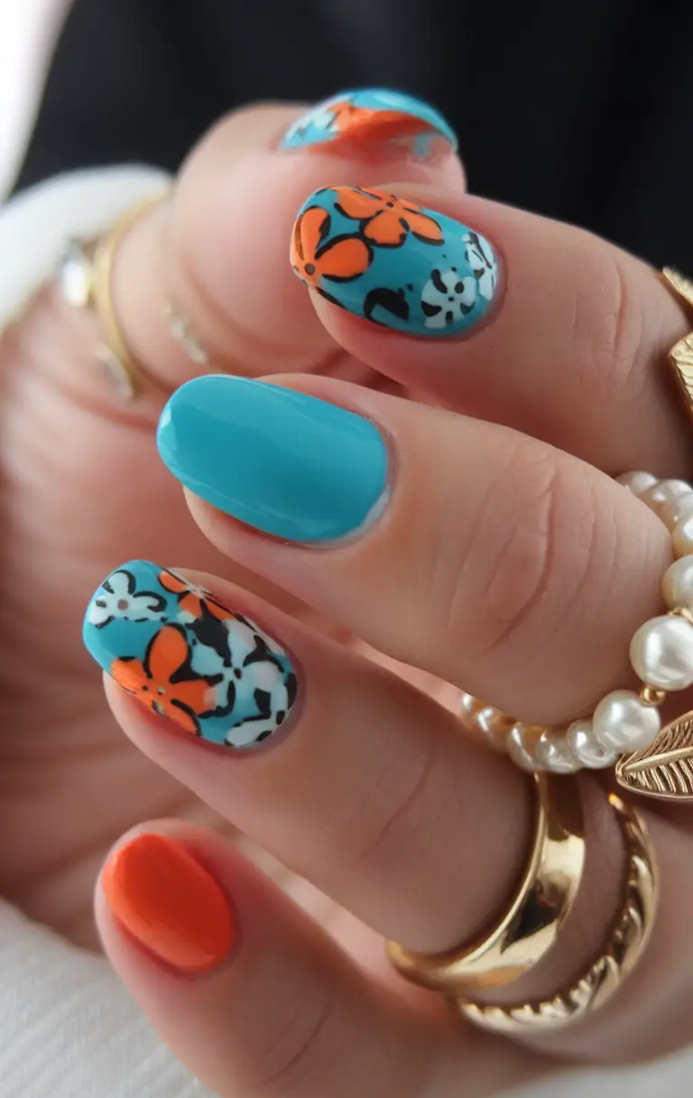 Flower Nails for Summer 2025 Glow Graphic Tropics in Blue and Tangerine