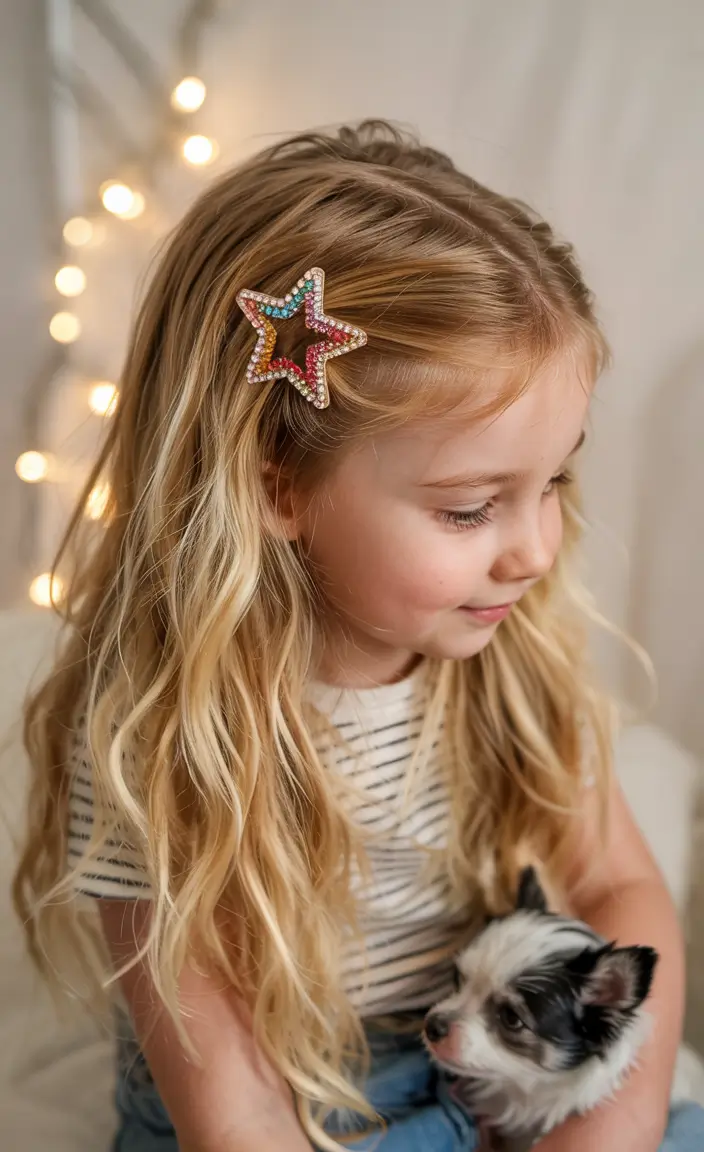 fourth of july hair ideas 2025 Golden Waves with a Statement Star Clip
