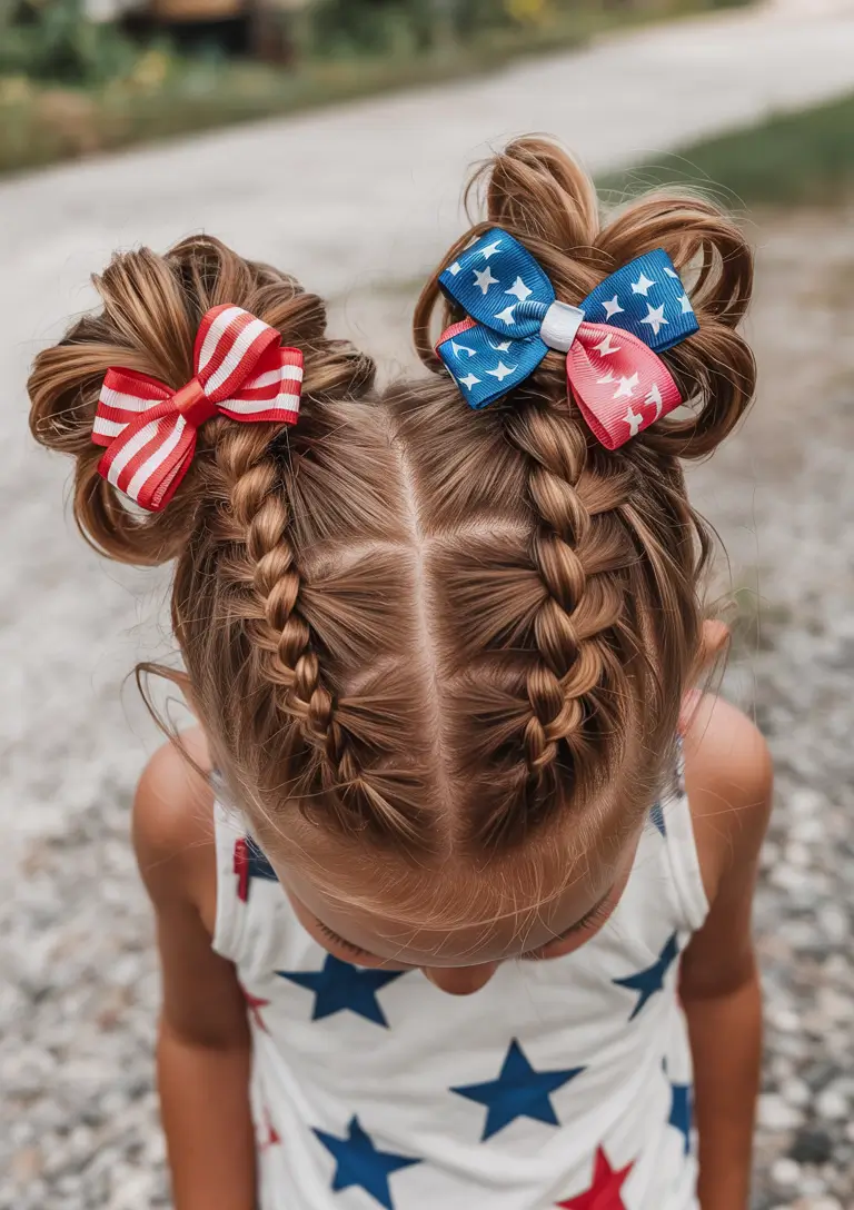 fourth of july hair ideas 2025 Double Braided Space Buns with Patriotic Bows