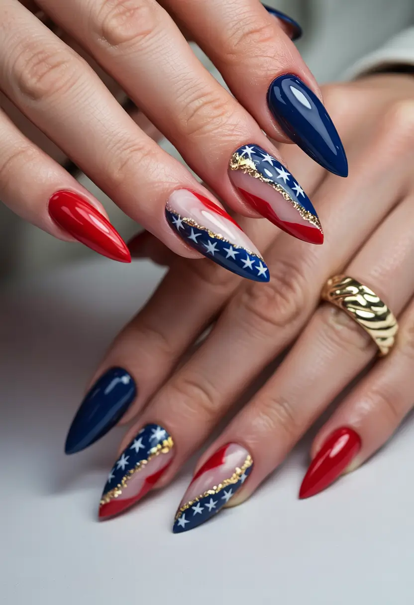 fourth of july nails designs ideas 2025 Bold Patriotic Glam with Stars and Gold Detailing
