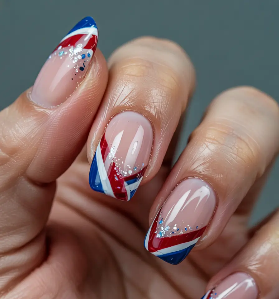 fourth of july nails designs ideas 2025 Diagonal Stripes with Glitter Fade