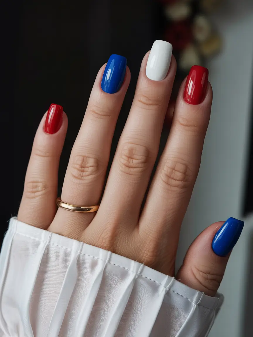 fourth of july nails designs ideas 2025 Glossy Minimal in Primary Red, White & Blue