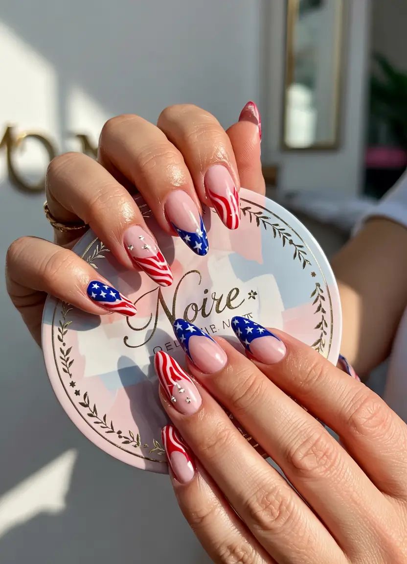 fourth of july nails designs ideas 2025 Wavy Flag Art with Star Studs