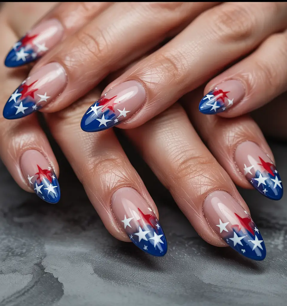 fourth of july nails designs ideas 2025 Layered Star Clusters on Blue Tips
