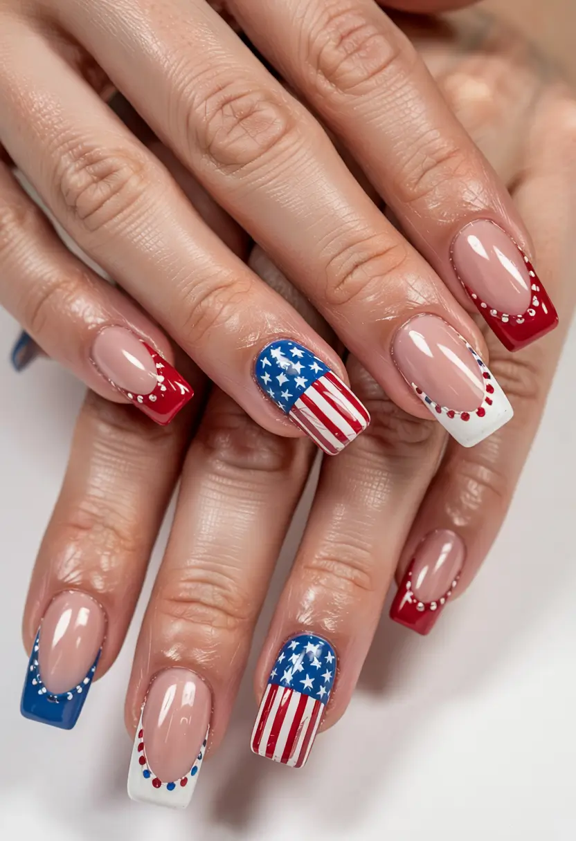 fourth of july nails designs ideas 2025 Patriotic French Tips with Dot Borders