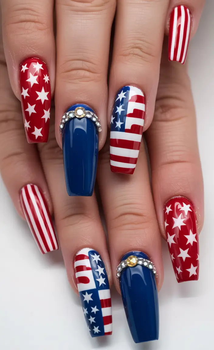 fourth of july nails designs ideas 2025 Modern Americana with Glossy Squares and Flag Motifs