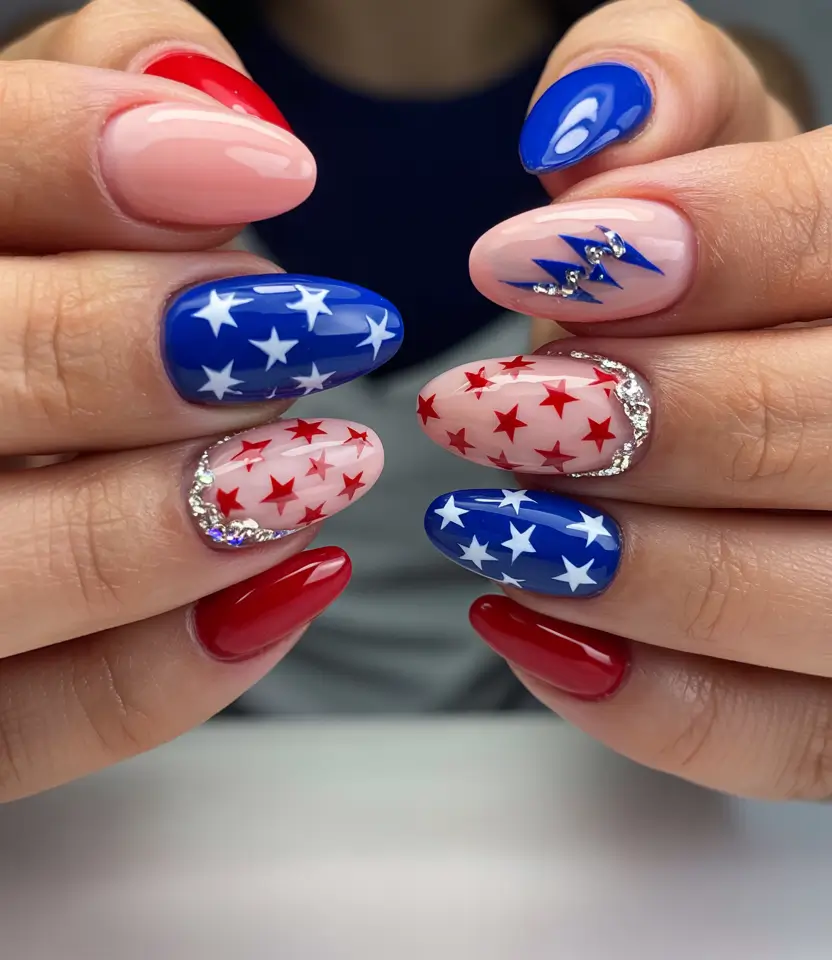 fourth of july nails designs ideas 2025 Starry Celebration on Almond Shaped Nails