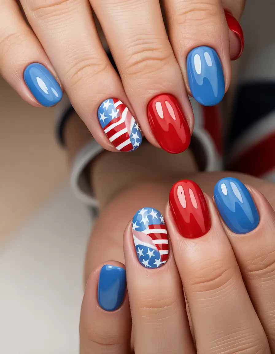 fourth of july nails designs ideas 2025 Classic Americana with Modern Round Tips