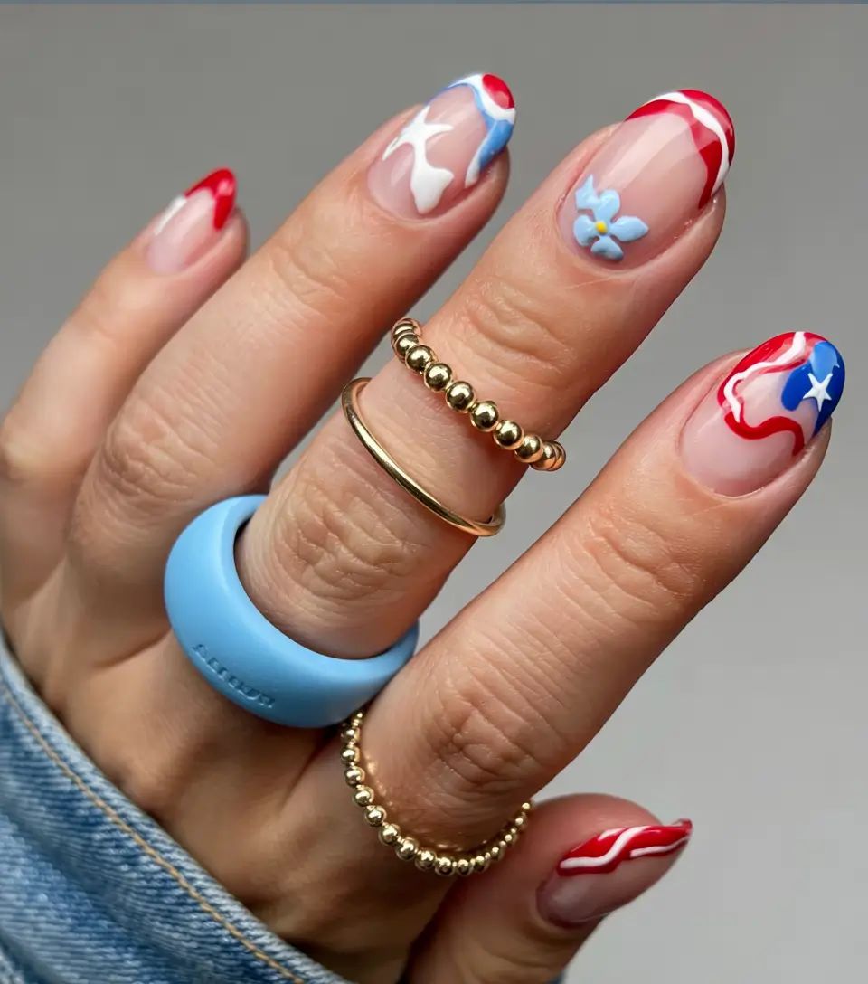 fourth of july nails designs ideas 2025 Wavy Freedom with Floral and Star Accents