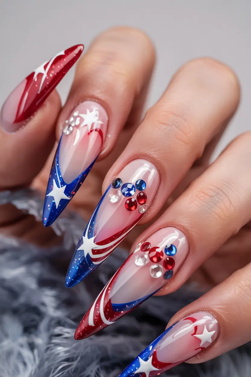 fourth of july nails designs ideas 2025 Firework Sparkle with Crystal Embellishments