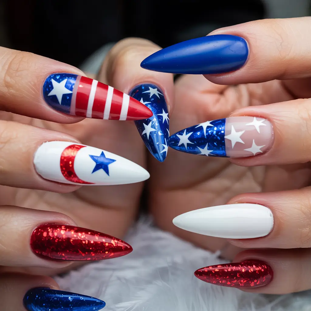 fourth of july nails designs ideas 2025 Stars and Stripes Remix with Glitter Pop
