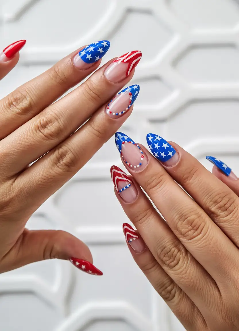 fourth of july nails designs ideas 2025 Playful Dots and Patriotic Patterns