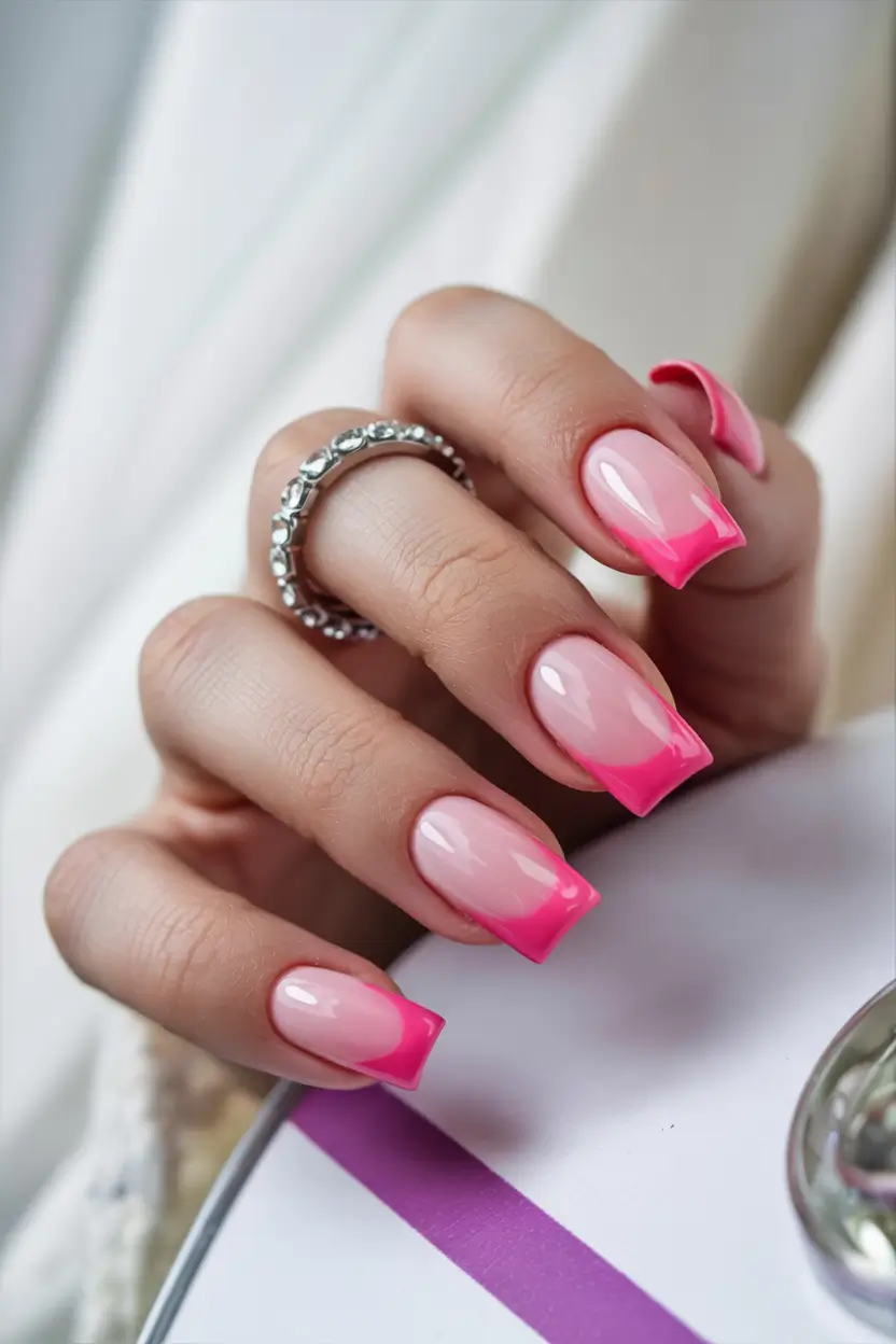 french tips for summer 2025+Hot Pink French With a Glossy Twist