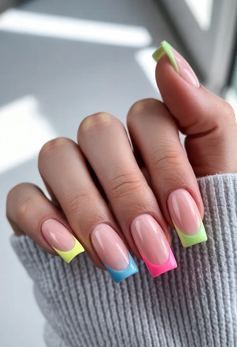 french tips for summer 2025+Colorblocked French Tips With a Neon Hit