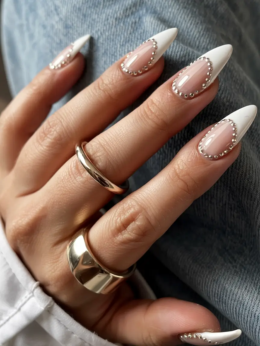 french tips for summer 2025+Minimal Glam with Rhinestone Elegance
