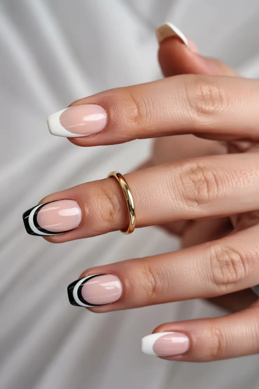 french tips for summer 2025+Black & White Optical Illusion