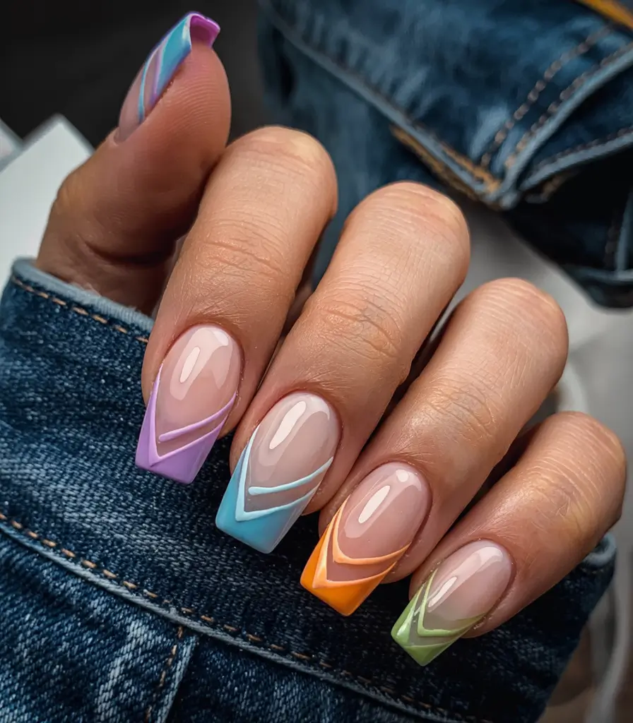 french tips for summer 2025+Geometric Rainbow Layers
