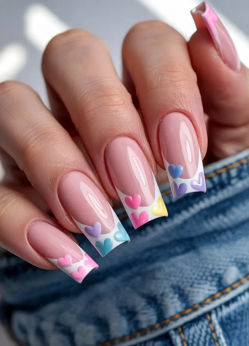 Rainbow Hearts That Spark Joy are featured along with french tips for summer 2025