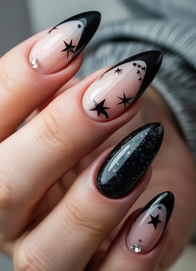 French tips for Summer 2025 Galaxy Noir φοράει καλοκαιρινό φόρεμα 2025