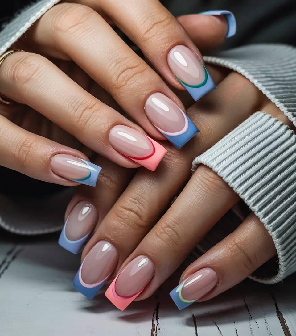 french tips for summer 2025 Retro Bubblegum & Blue