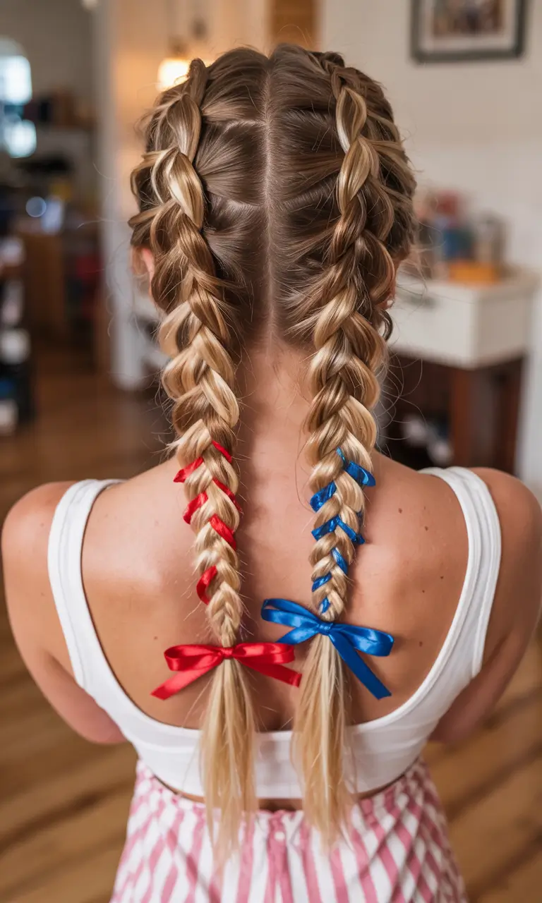 july hairstyles ideas 2025 Classic Double Braids with Patriotic Flair
