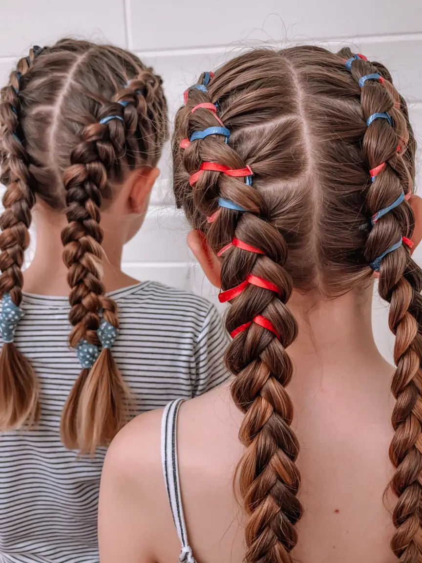 july hairstyles ideas 2025 Double Ribboned Boxer Braids for Littles