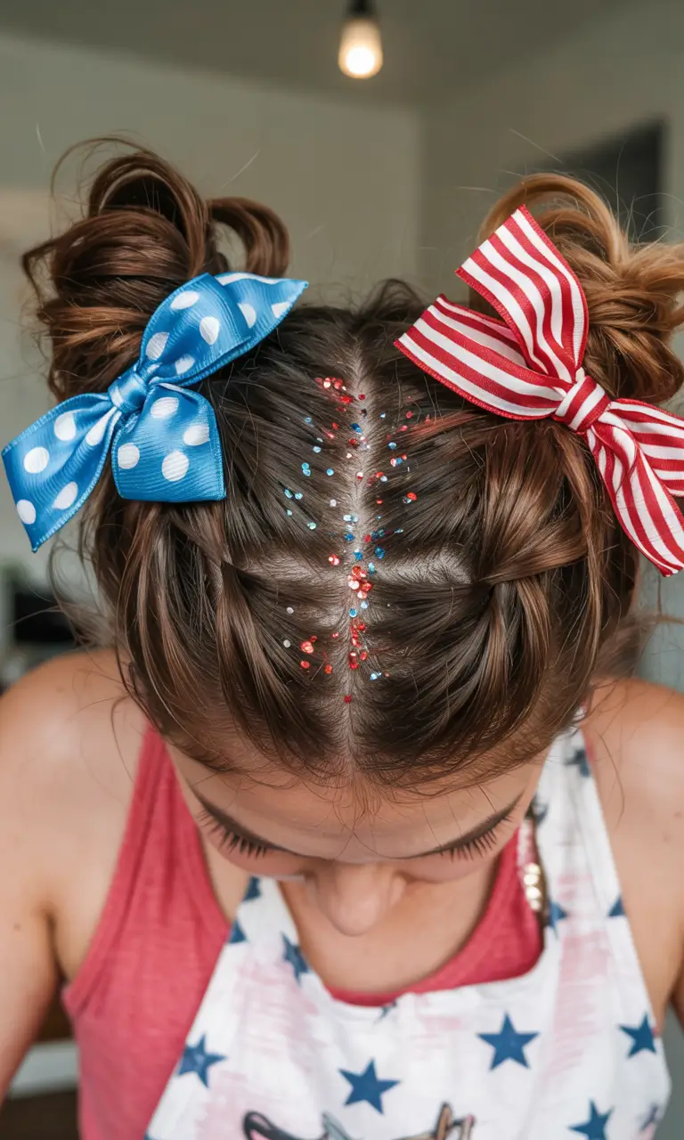 july hairstyles ideas 2025 Playful Buns & Glitter Parting