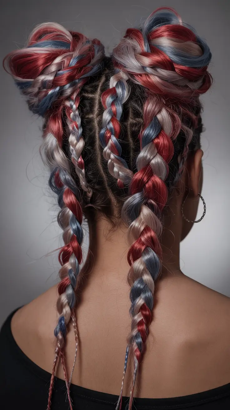 july hairstyles ideas 2025 Bold Space Buns with Braided Drama