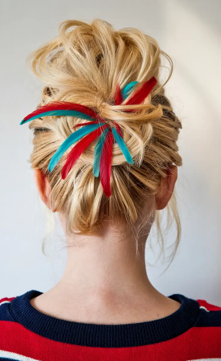 july hairstyles ideas 2025 Messy Updo with Feather Fireworks