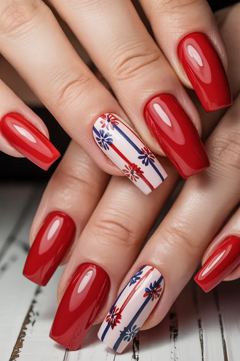 july nails ideas 2025 Glossy Red Vibes with Patriotic Stripes