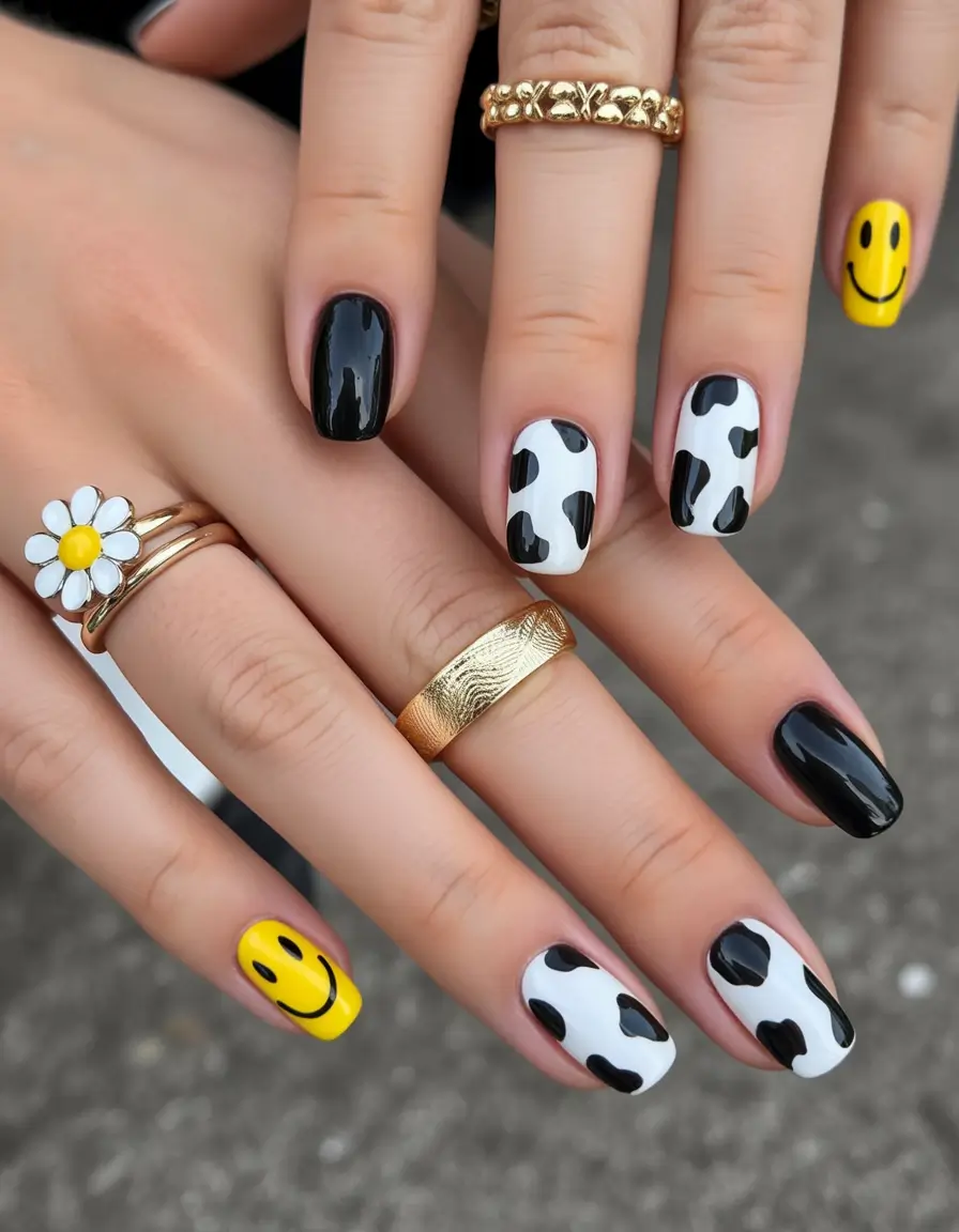 july nails ideas 2025 Playful Positivity in Black and Yellow