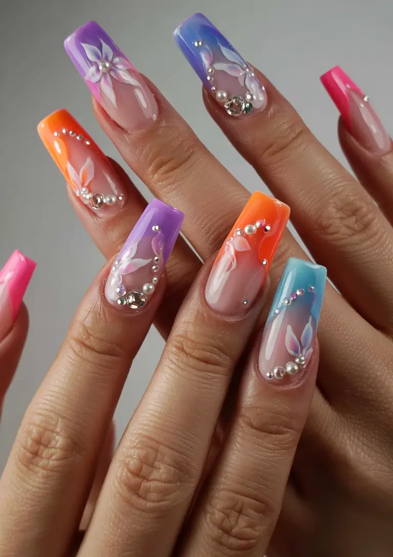 july nails ideas 2025 Butterfly Fade and Bejeweled Fantasy