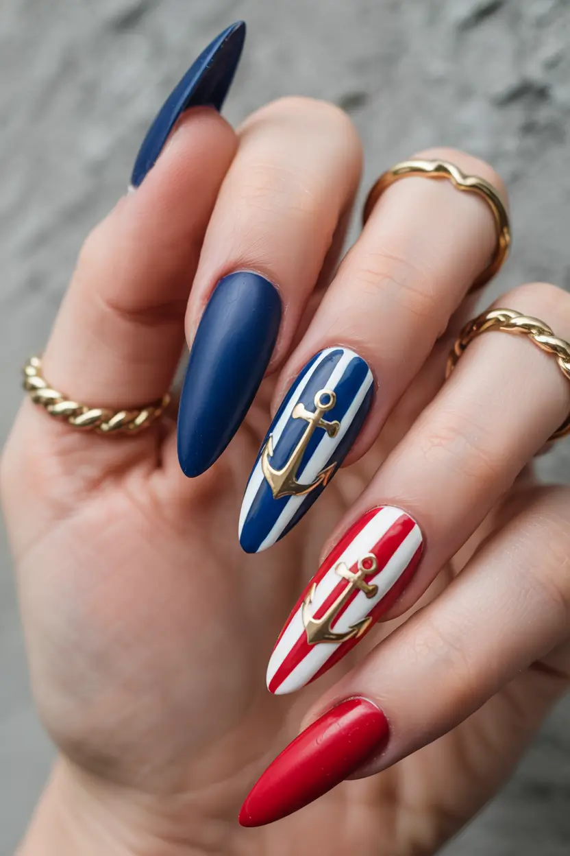 july nails ideas 2025 Nautical Luxe in Primary Stripes