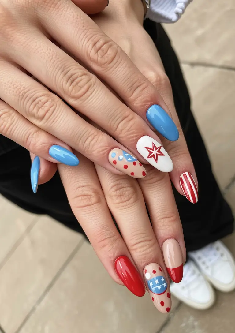 july nails ideas 2025 Chicago Flag Meets Red, White & Playful
