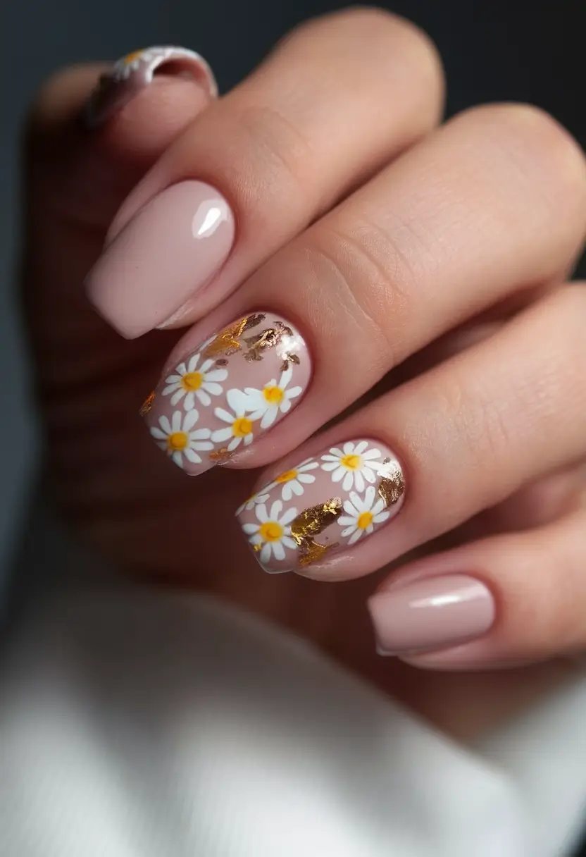 july nails ideas 2025 Daisy Fields Meet Gold Leaf Magic