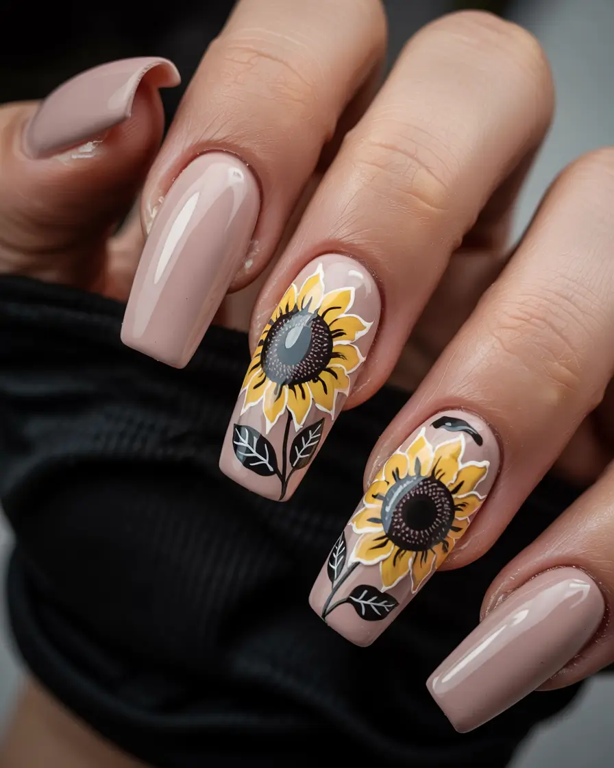 july nails ideas 2025 Sunflower Charm with a Nude Base